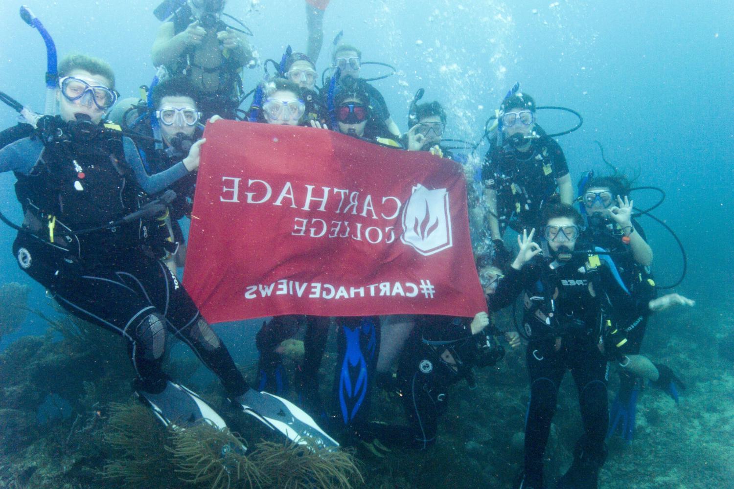 学生们手持<a href='http://m5t.ngskmc-eis.net'>bv伟德ios下载</a>旗帜，在j学期洪都拉斯游学之旅中潜水.